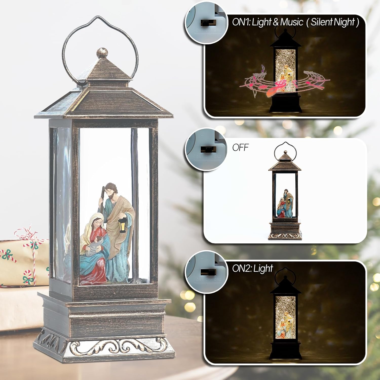 12 Inch Christmas Snow Globe with Nativity Scene and Music LED Light Lantern - USB or Battery Operated Home Decor Gift