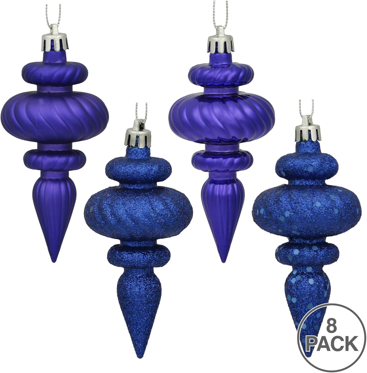 Vickerman 4 Inch 4-Finish Finial Ornament 8 Pack