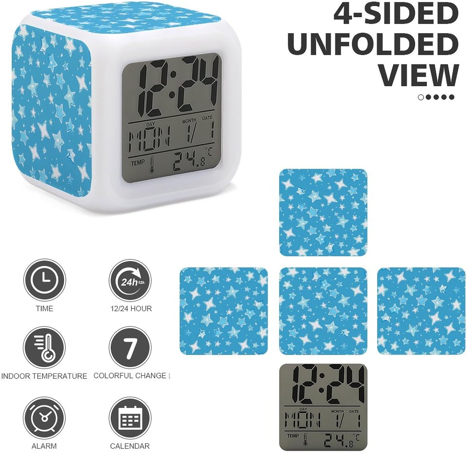 Light Blue Star Alarm Clock with 7 Color Changing Modes