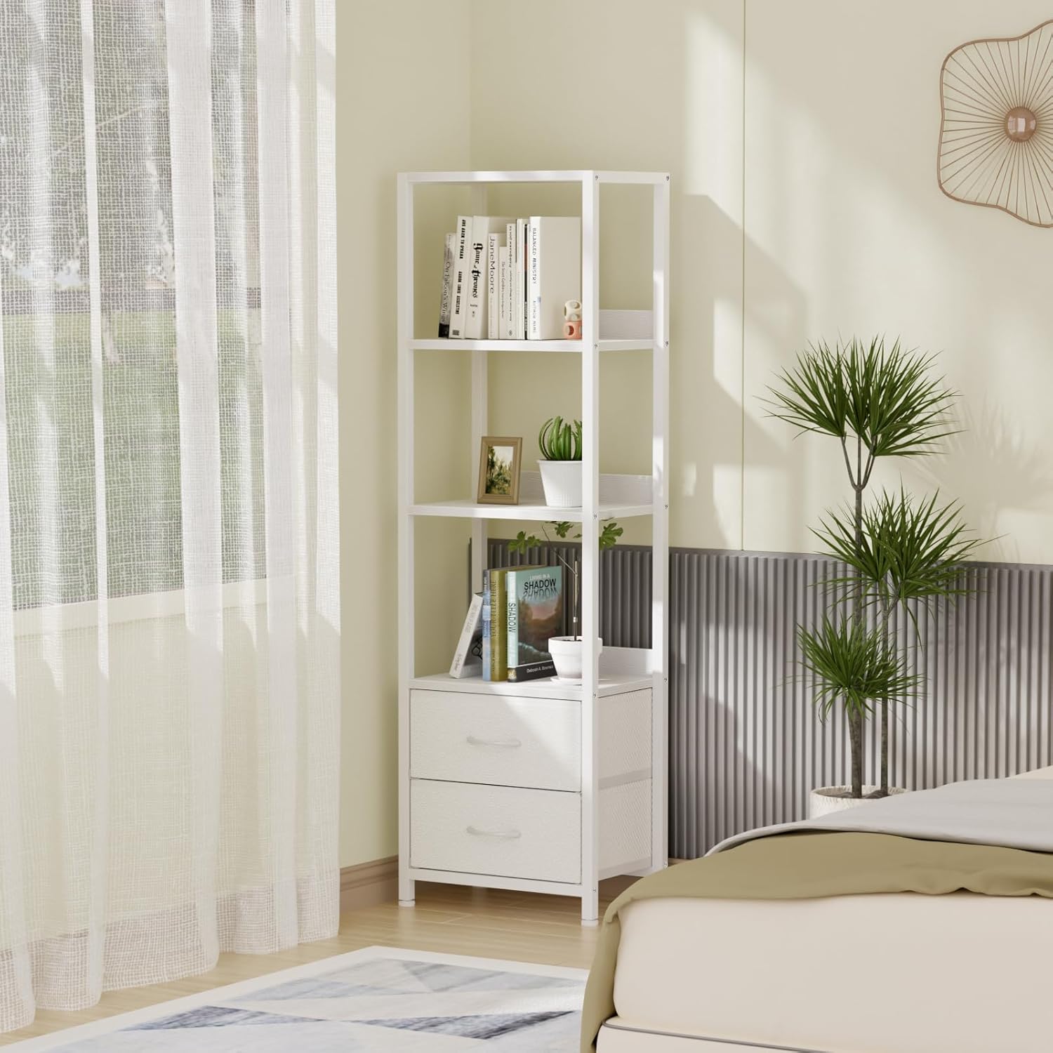 Furnulem 4-Tier Corner Bookshelf with Drawers