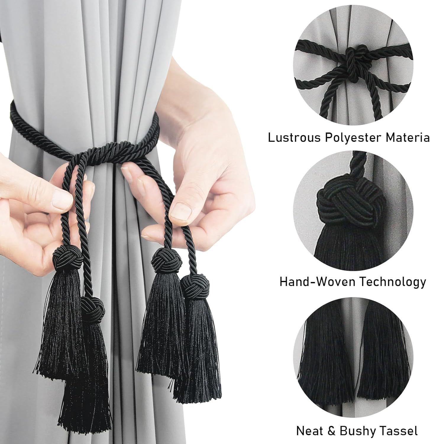 Elegant Black Rope Curtain Tiebacks with Tassels 4 Pack