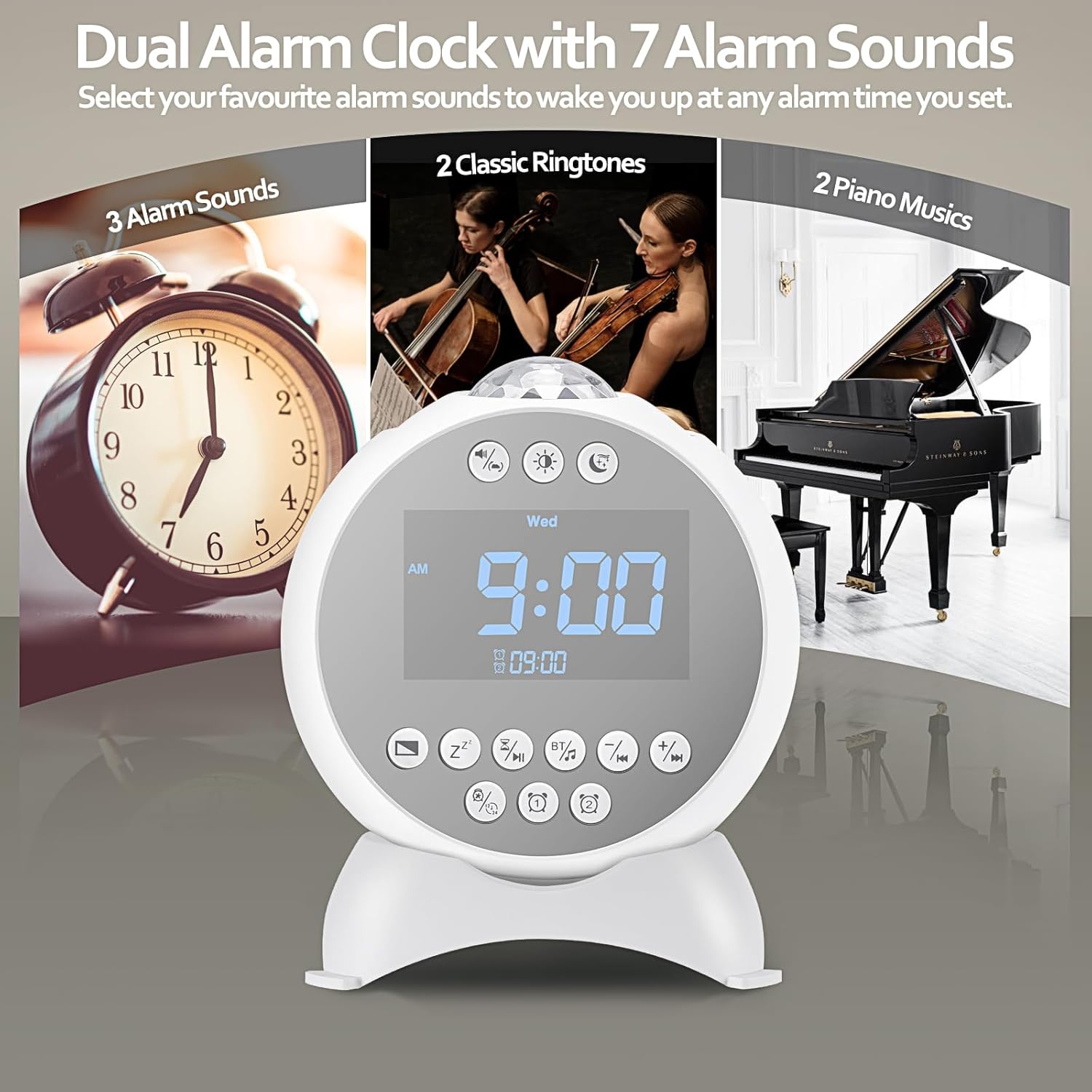 Kids Alarm Clock with Star Projector and Bluetooth Speaker