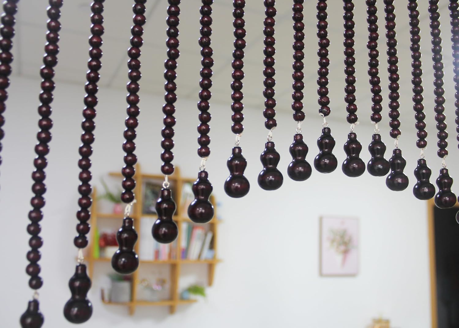 Wood Beaded Door Curtain Self-Adhesive Wine Red 25 String Boho Decor