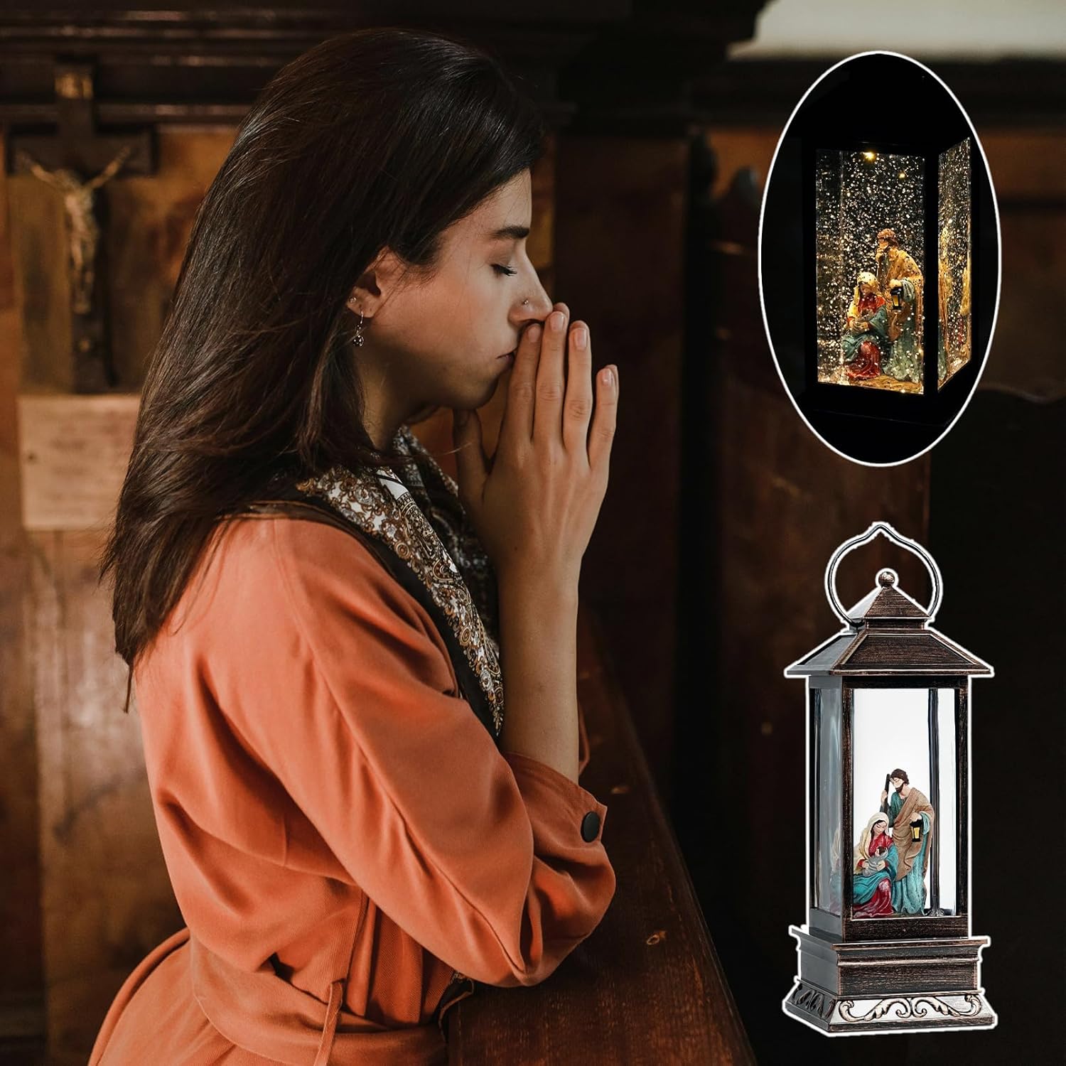 12 Inch Christmas Snow Globe with Nativity Scene and Music LED Light Lantern - USB or Battery Operated Home Decor Gift