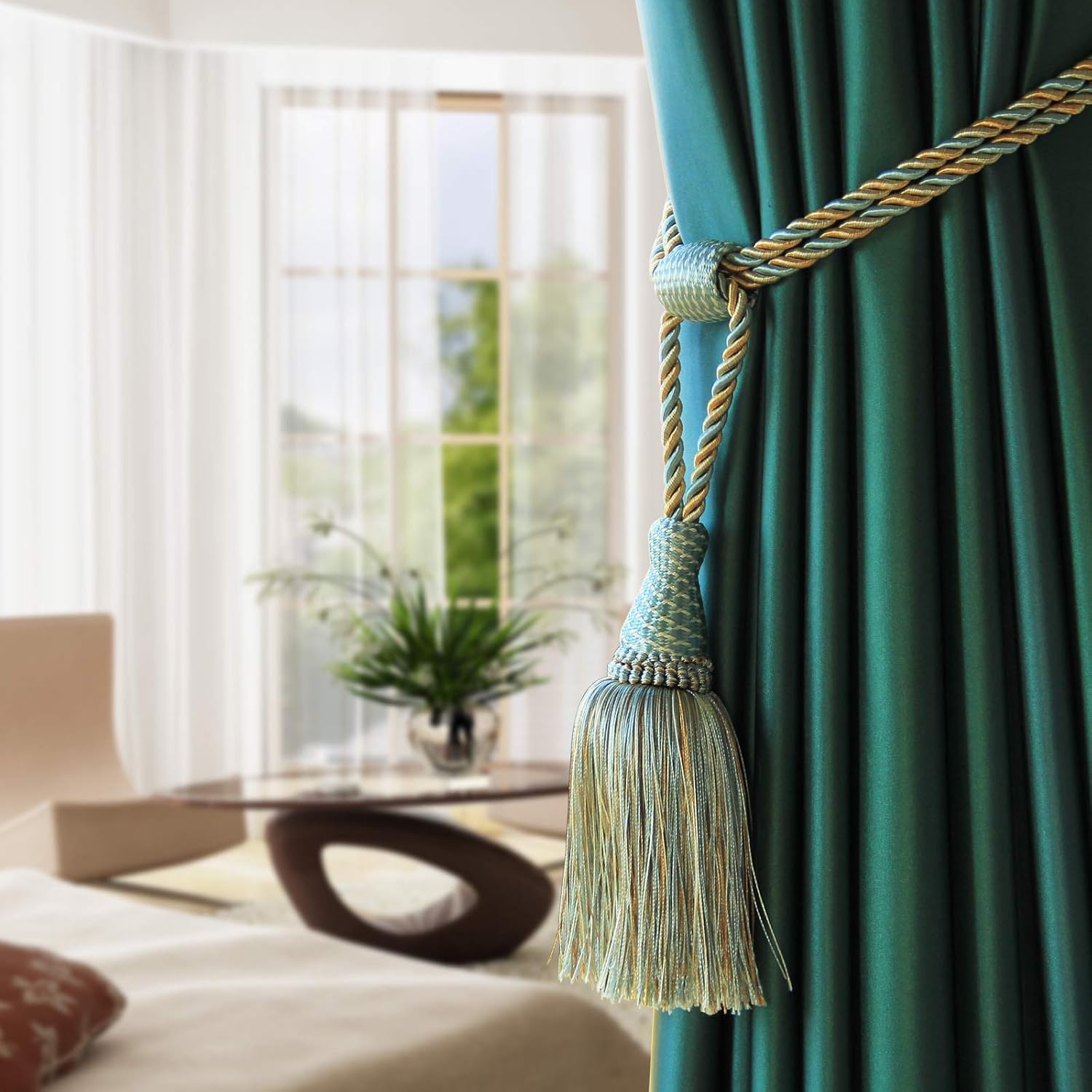 Fenghuangwu Elegant Curtain Tie Backs with Tassel 2 Pack Blue