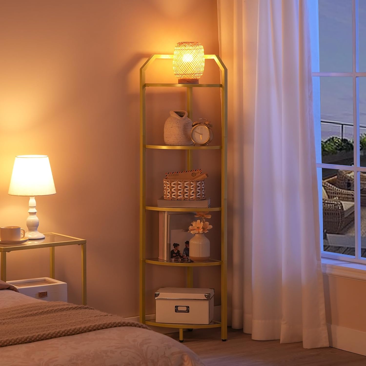 HOOBRO 5-Tier Corner Shelf Stand Gold Tempered Glass Modern Style GD15CJ01