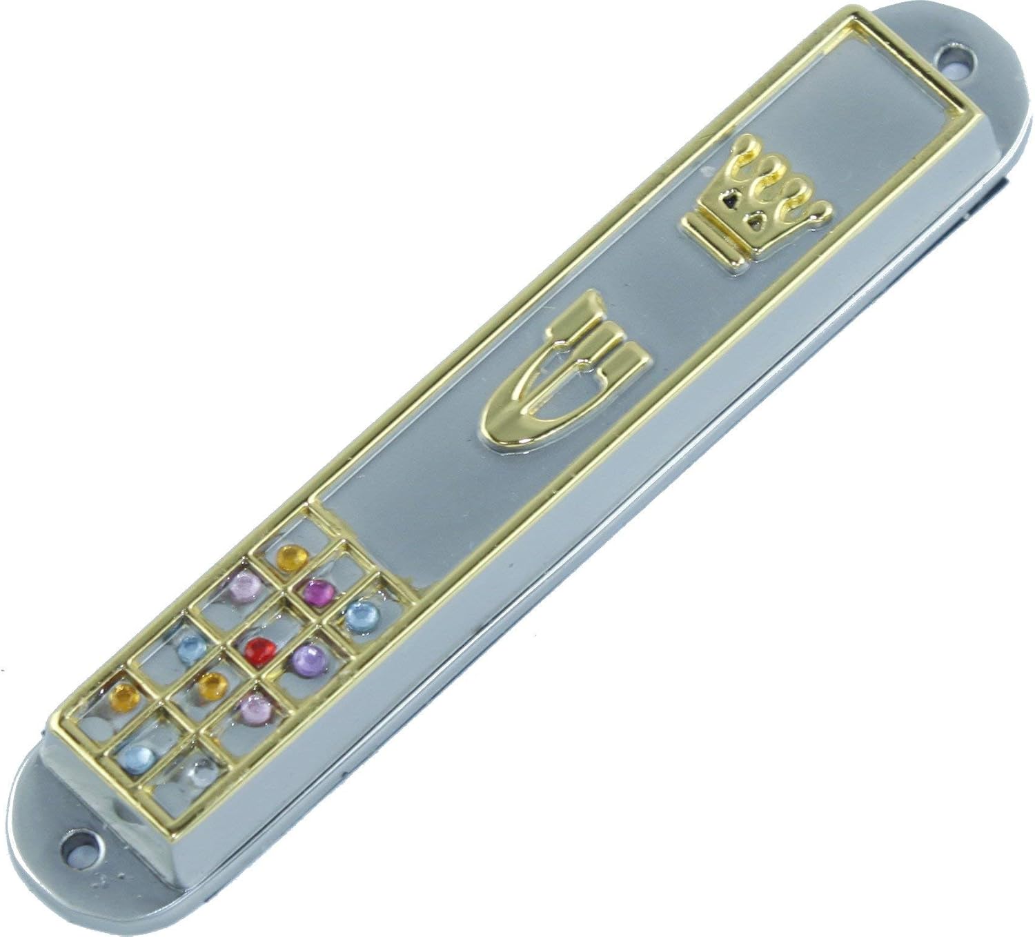 Holy Land Market Crown Silver Gold Plated Mezuzah with Hoshen Stones 35 in