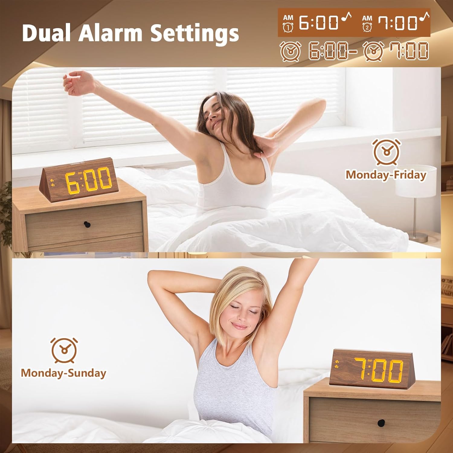 Wooden Digital Alarm Clock with Dual USB Ports and Dimmer