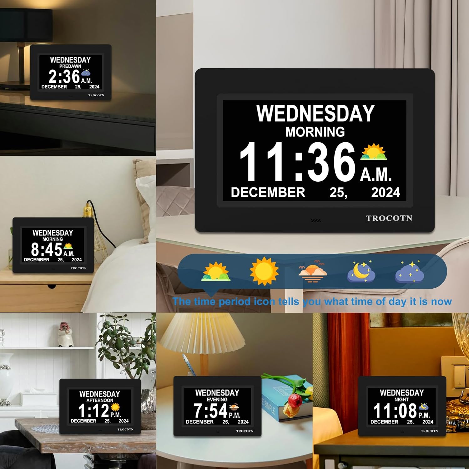 TROCOTN Dementia Clock 7 Inch Wall Display