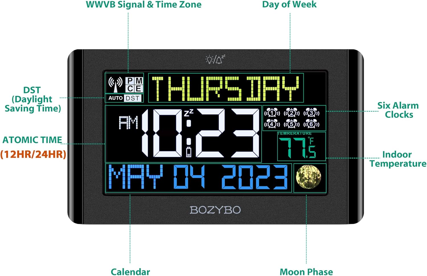 BOZYBO Digital Clock with 6 Alarms and Temperature