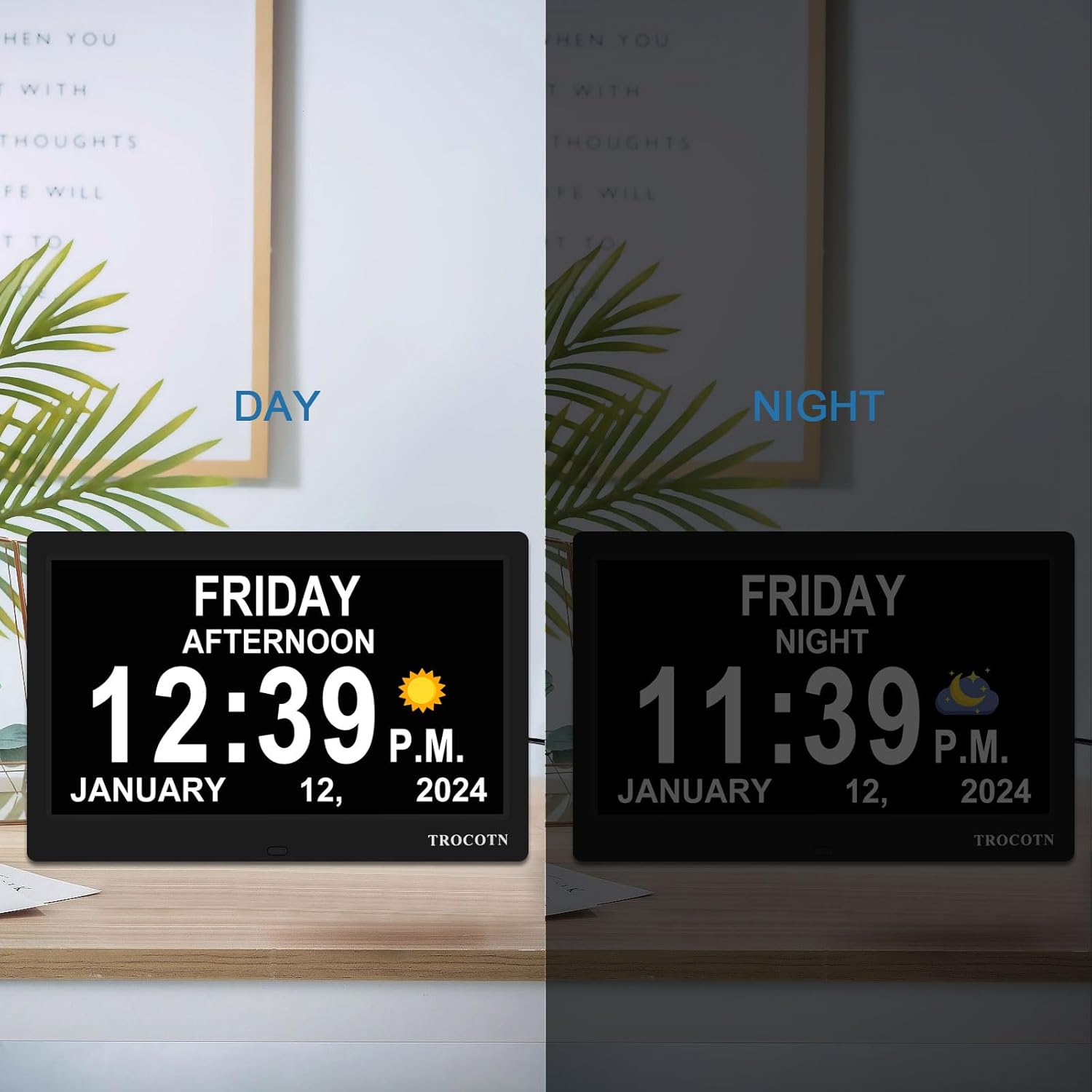TROCOTN 10 Inch Digital Wall Clock with Day Date and Custom Alarms