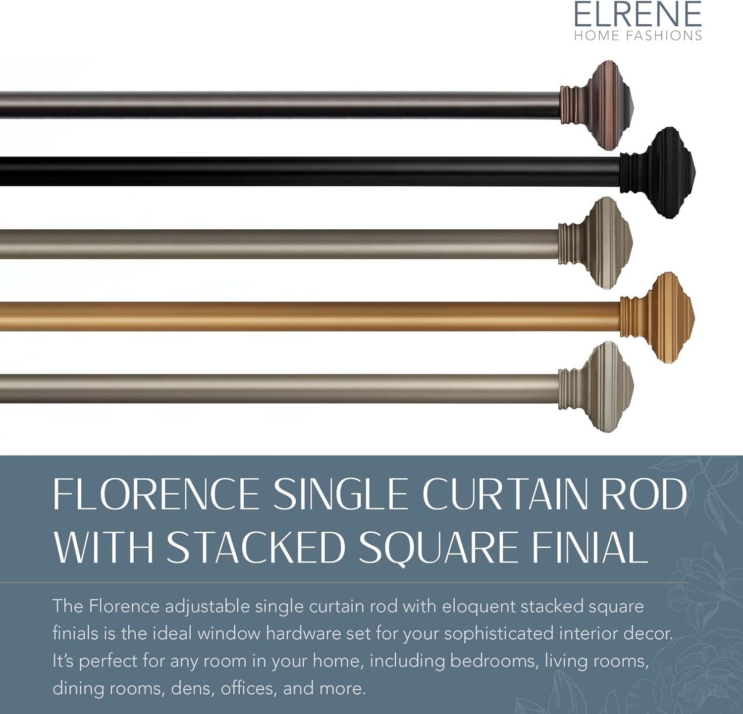 Elrene Florence Single Curtain Rod with Square Finials 1 Inch Diameter Soft Gold 28X48