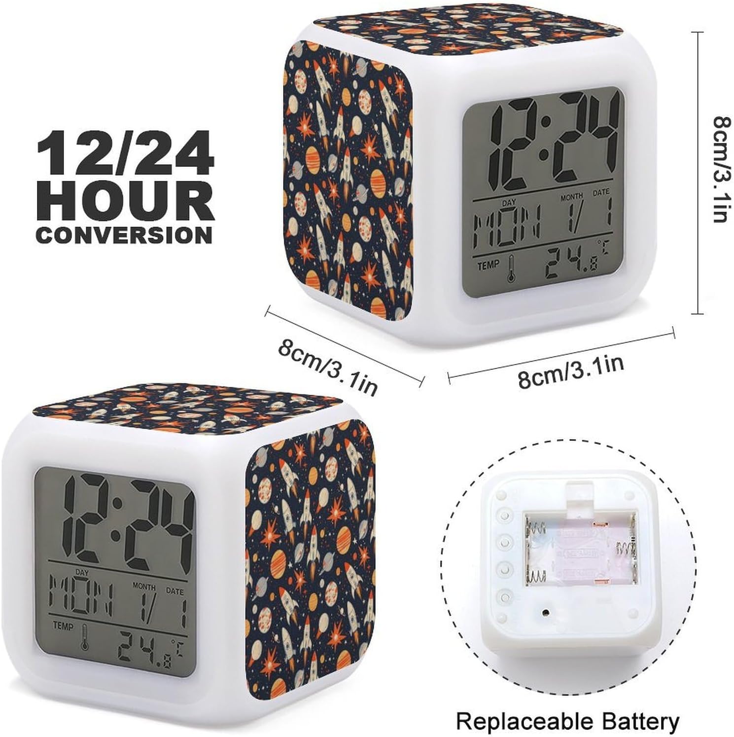 Star Rocket Planet Print Cute Digital Alarm Clock with Night Light