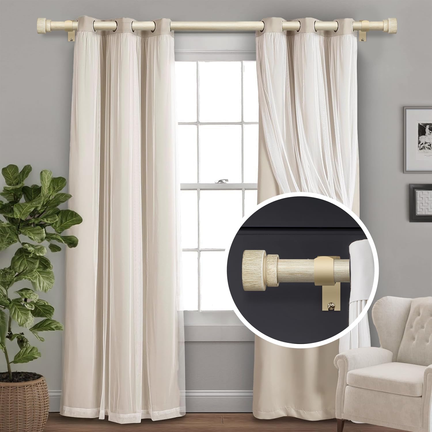 2 Pack White Oak Wood Grain Curtain Rods 1 Inch Diameter Adjustable Heavy Duty Boho Decorative for Windows