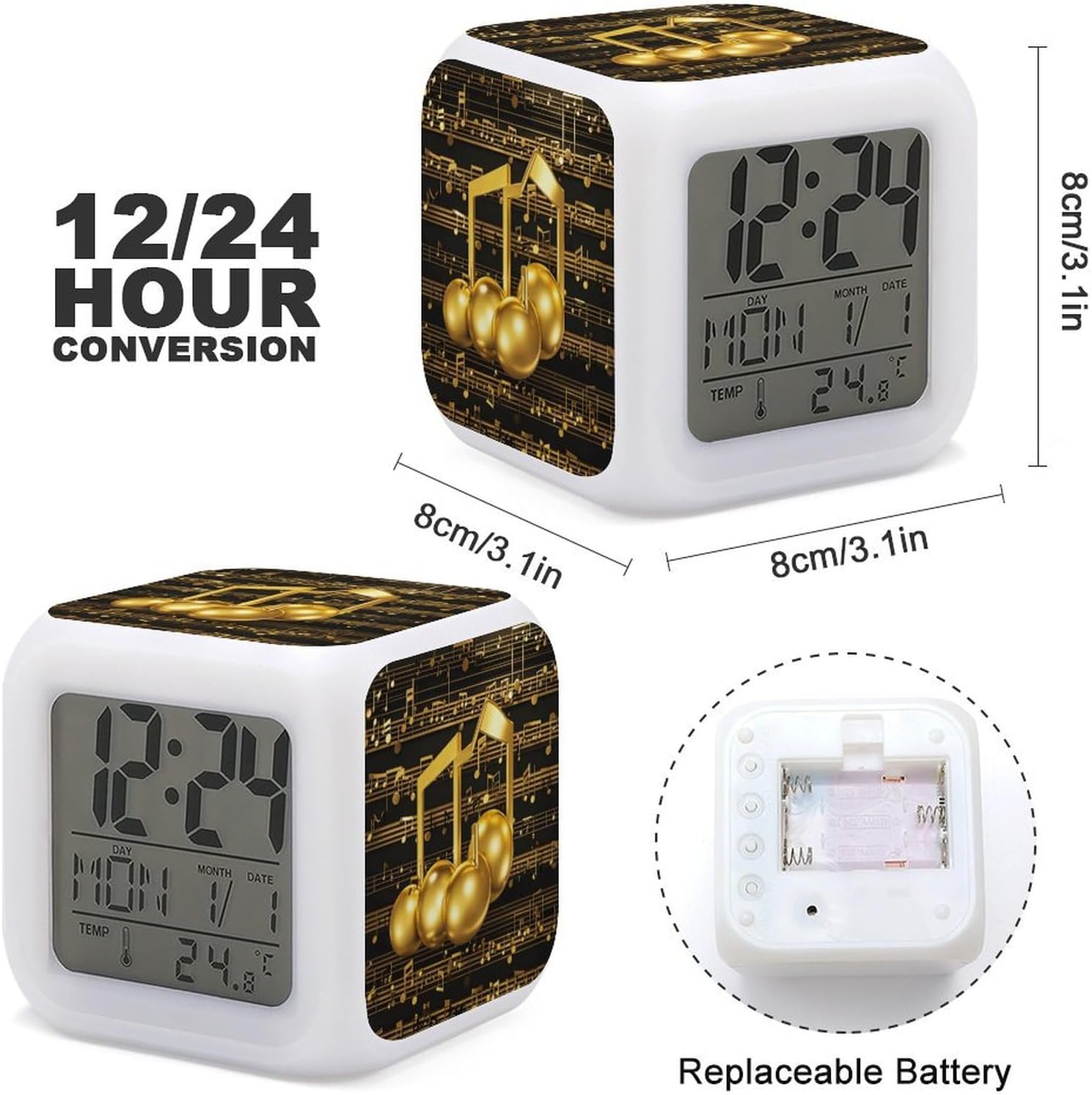 Gold Musical Note with Shiny Star Alarm Clock with LED Display and 7 Color Night Light