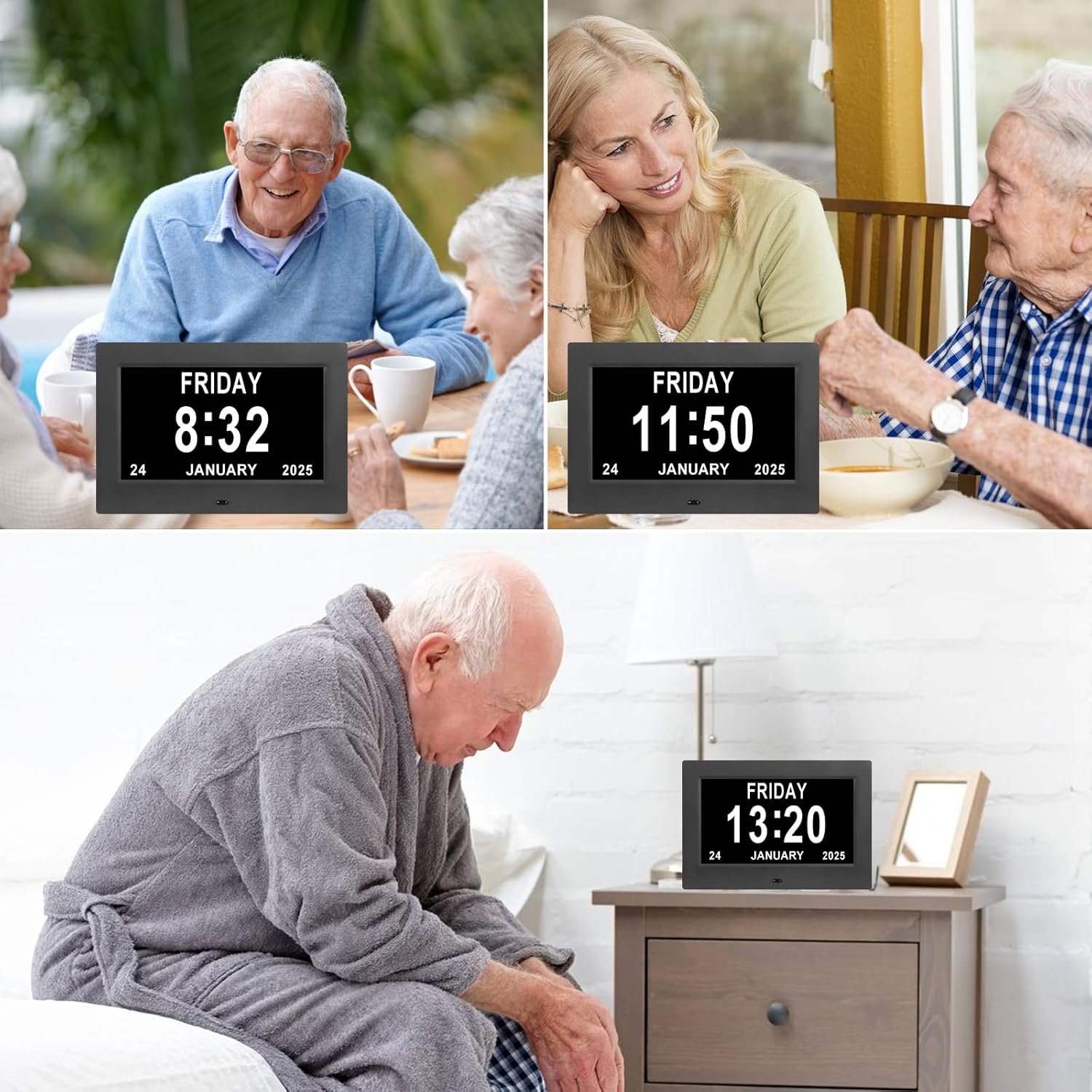 Large Black Dementia Clock with Day Date and 12 Alarms