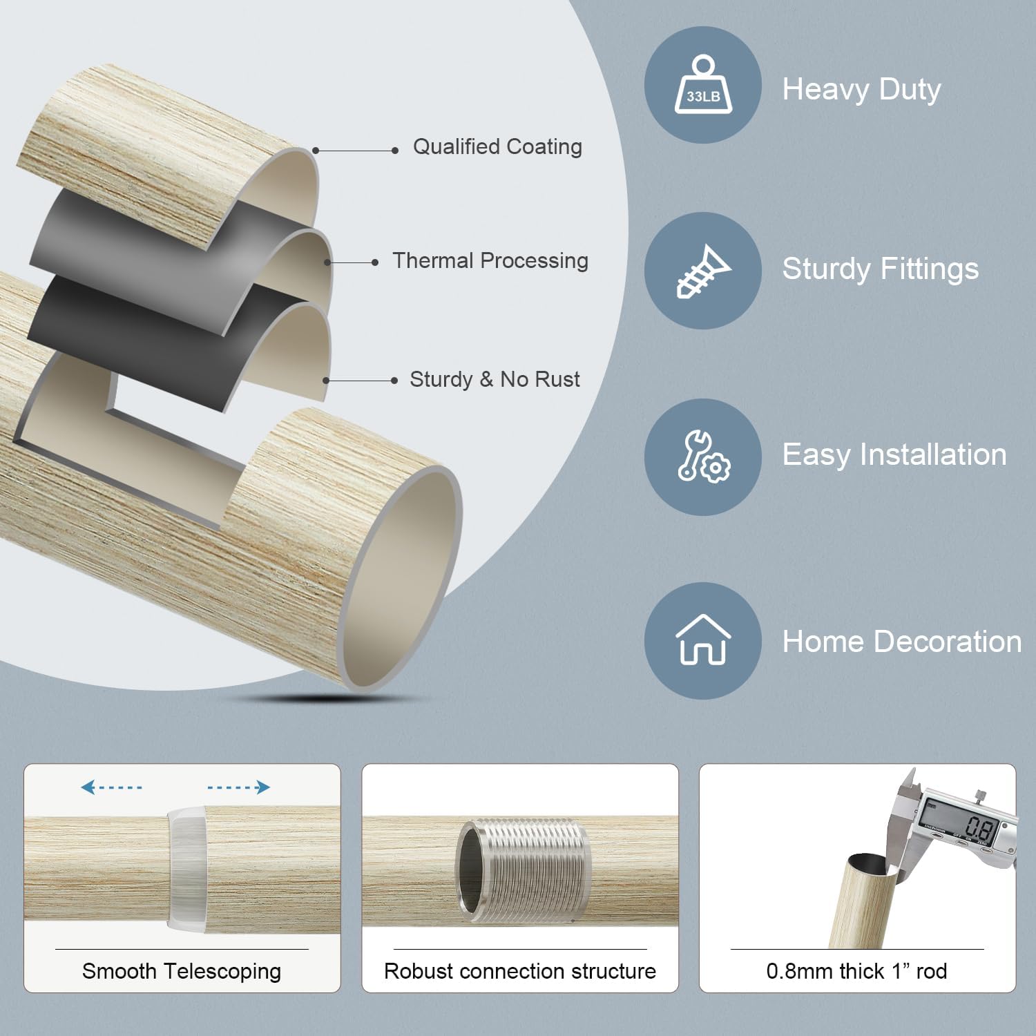 2 Pack White Oak Wood Grain Curtain Rods 1 Inch Diameter Adjustable Heavy Duty Boho Decorative for Windows