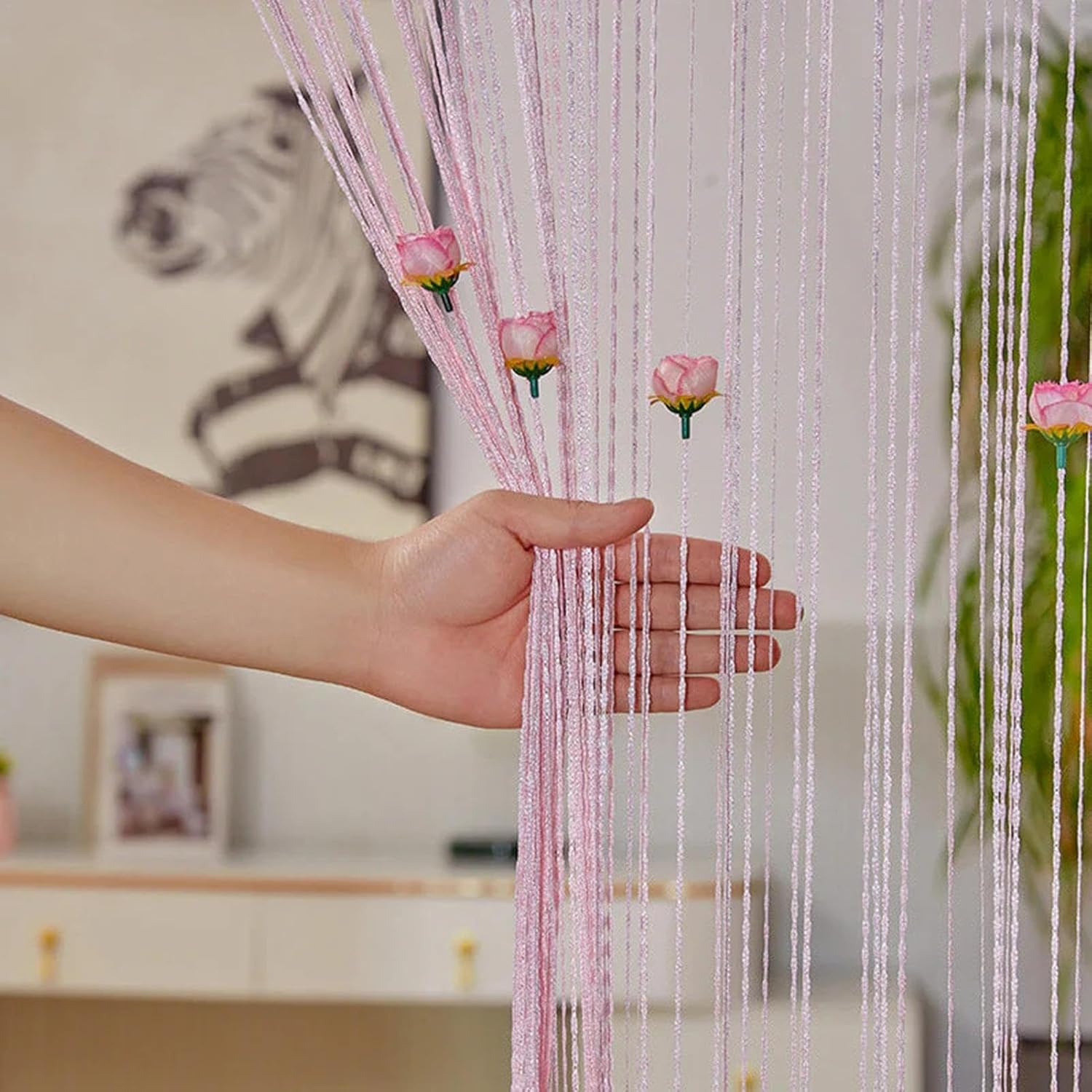 Pink Rose String Curtain for Doors and Windows