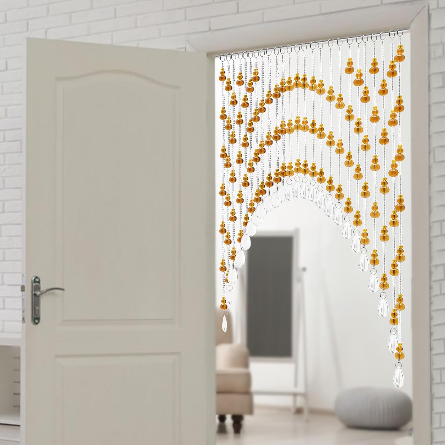 Arched Crystal Beaded Curtain for Doors and Windows Amber-Clear