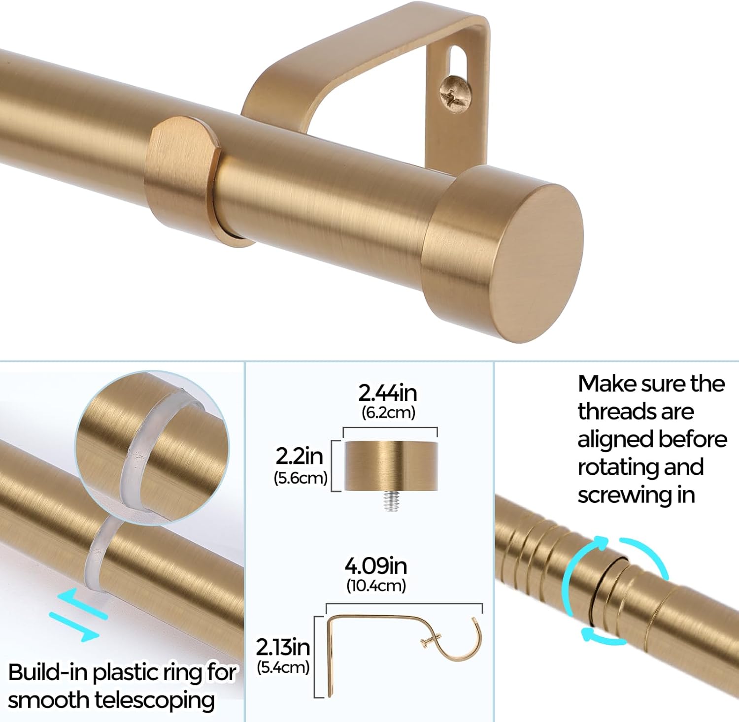 2 Pack Warm Gold Curtain Rods for Windows 36-88 Inches