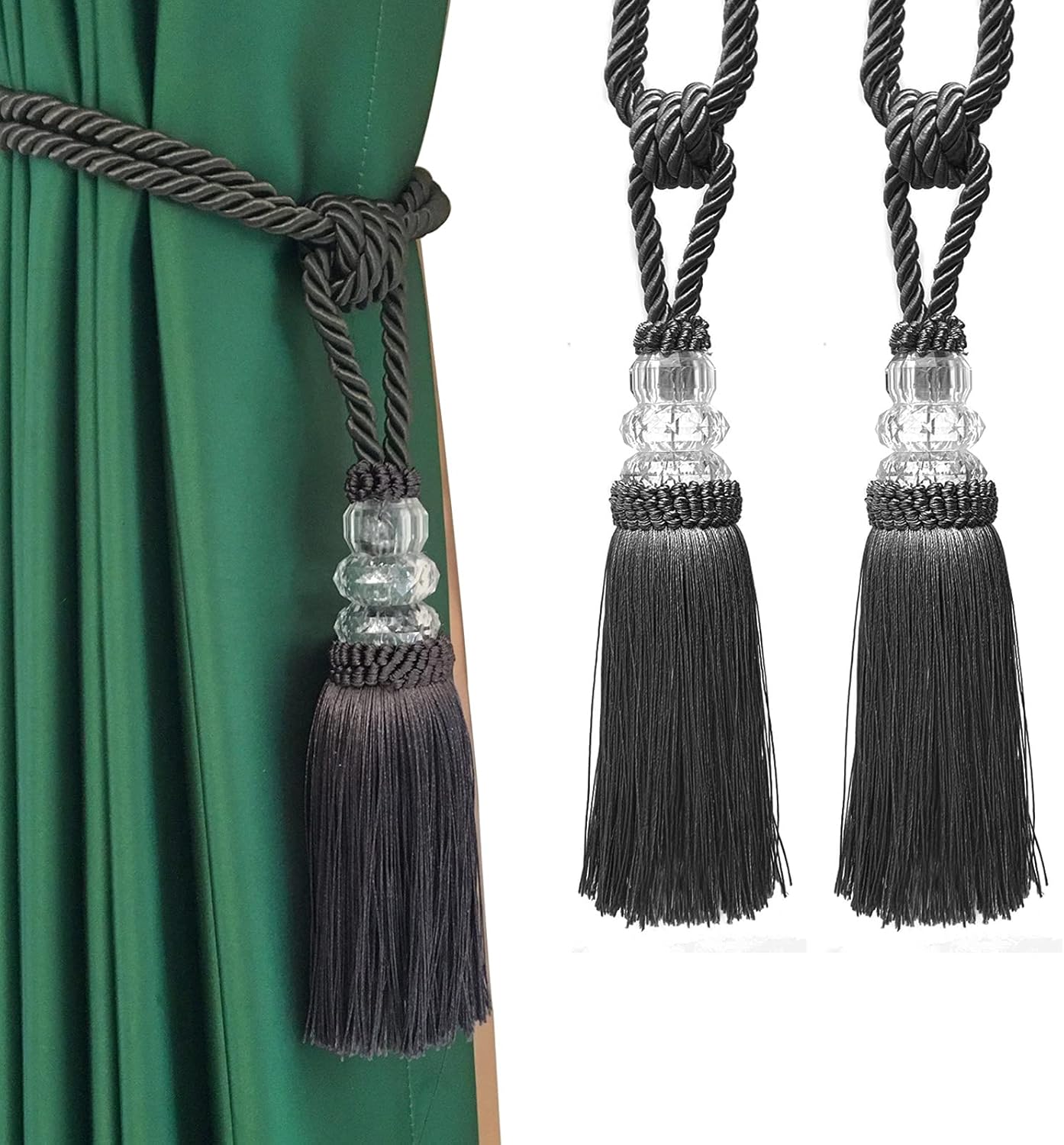 Fenghuangwu Tassel Curtain Tiebacks Elegant Crystal Holdbacks for Home Office Decor Charcoal 2P