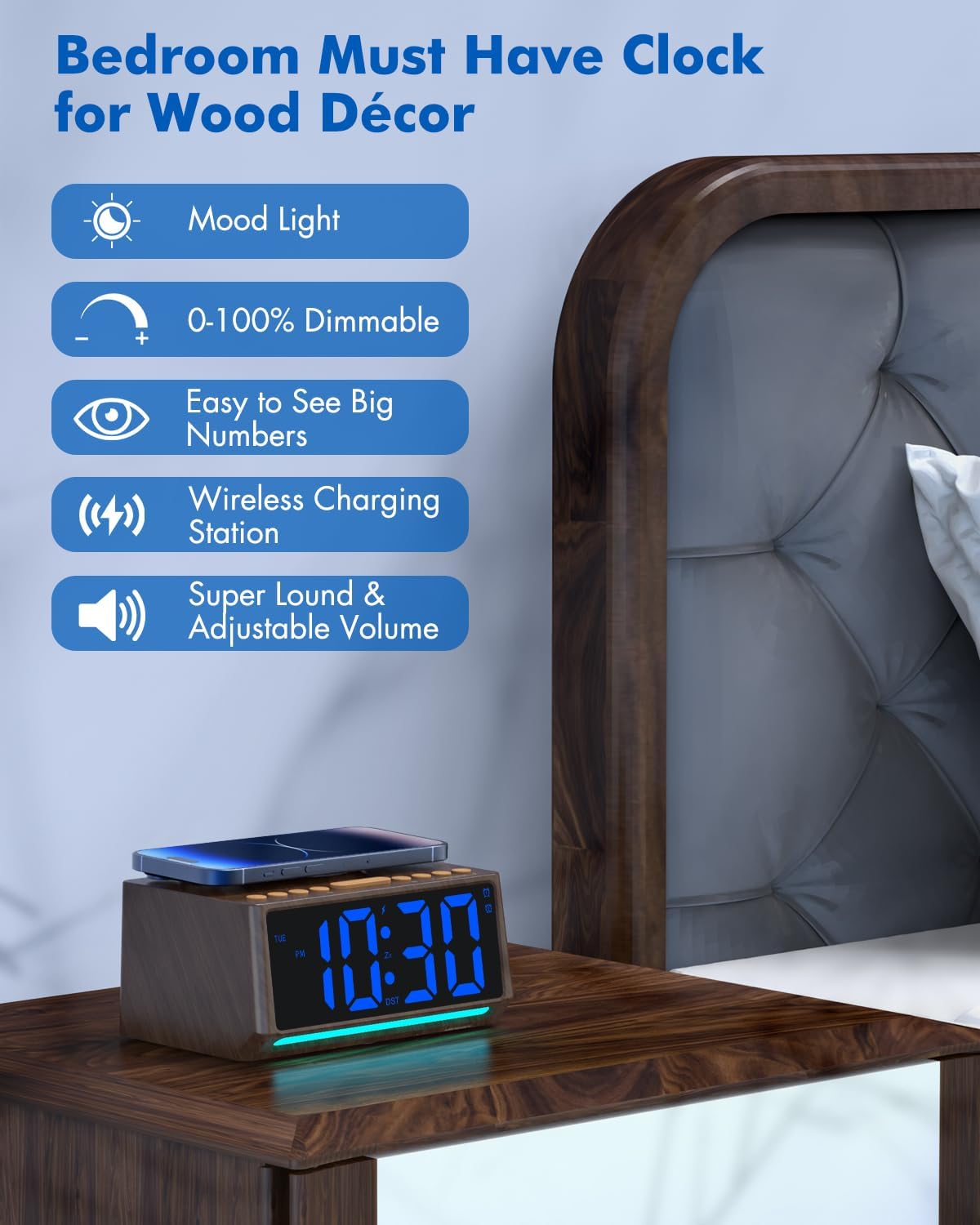Retro Digital Alarm Clock with Large Numbers and 7 Mood Lights