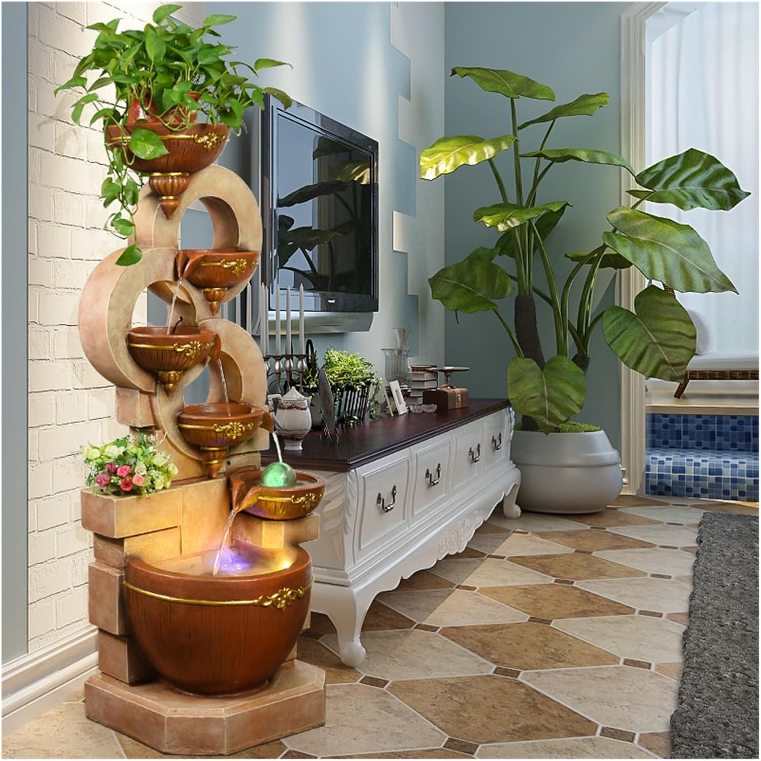 Modern Yellow Floor Standing Water Fountain Decor with Light
