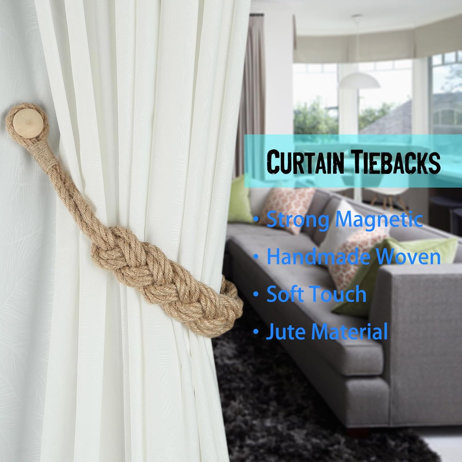 BEL AVENIR Magnetic Jute Curtain Tiebacks 4 Pack