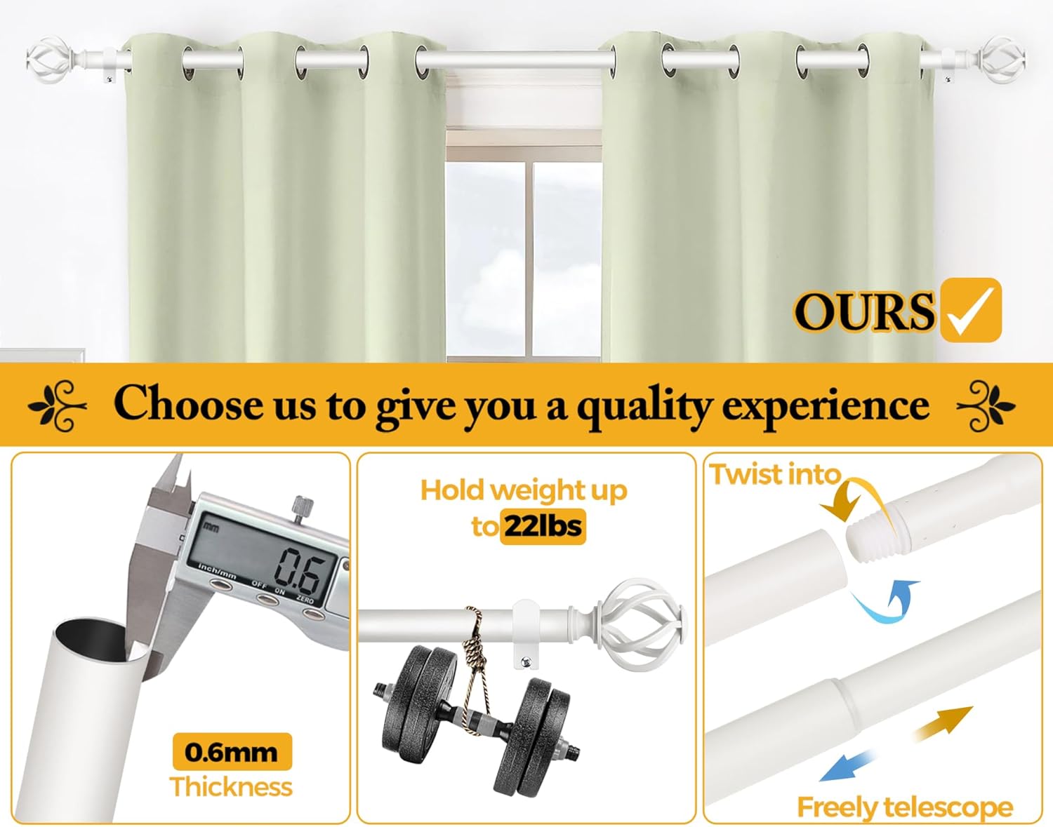 USFOOK White Curtain Rod 32-58 Inches 78 Inch Diameter Telescoping Splicing Rods with Twisted Cage Finials