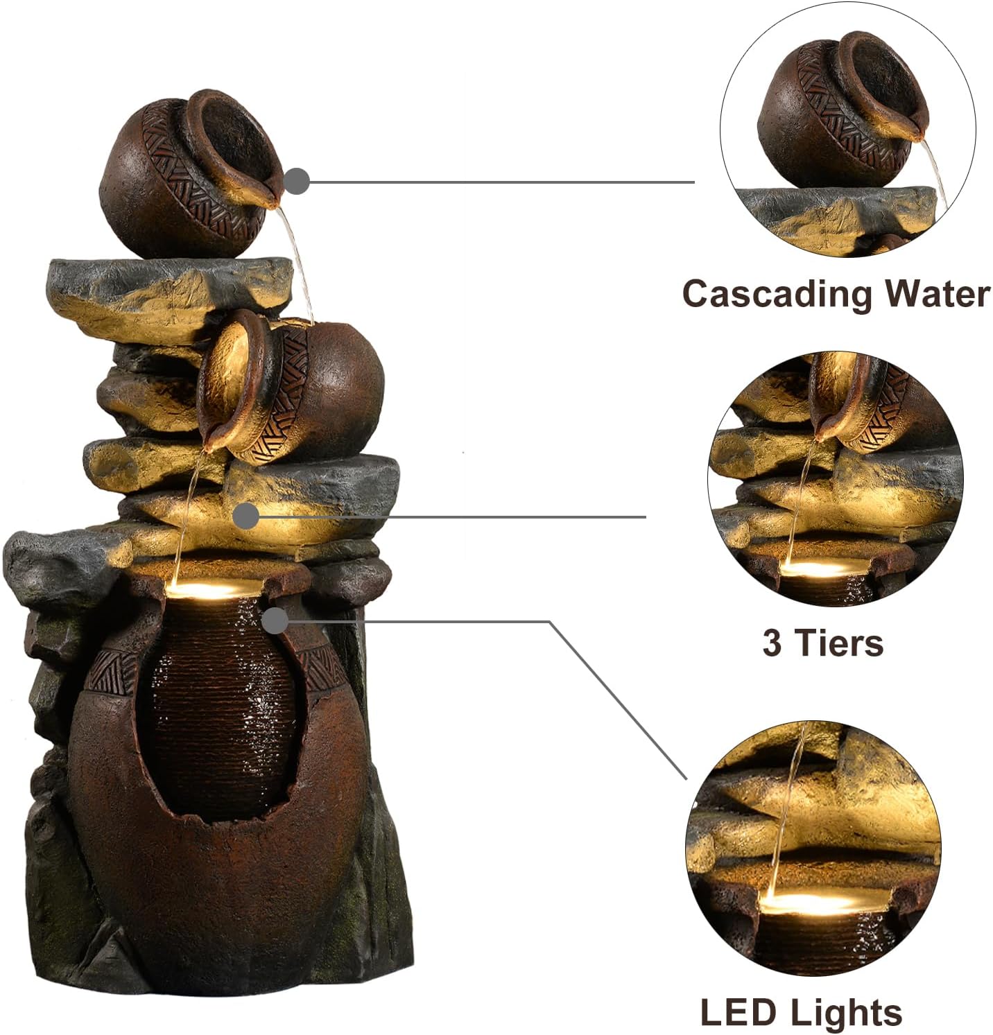 Eheuan 384 Inch 3 Tier Water Fountain with LED Light and Pump