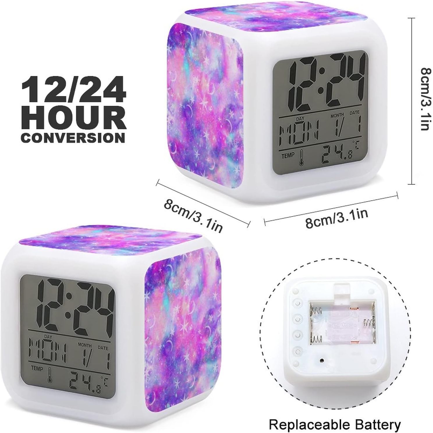 Oyihfvs Purple Pink Galaxy Stars and Crescent Moons Digital Alarm Clock