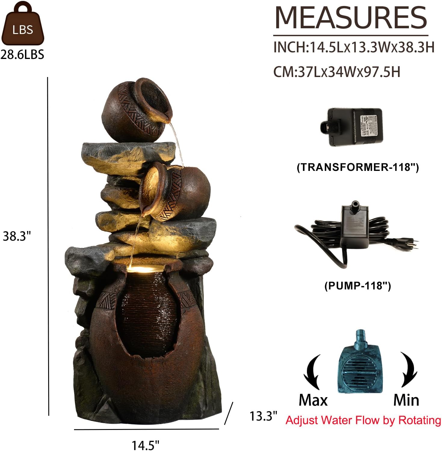 Eheuan 384 Inch 3 Tier Water Fountain with LED Light and Pump