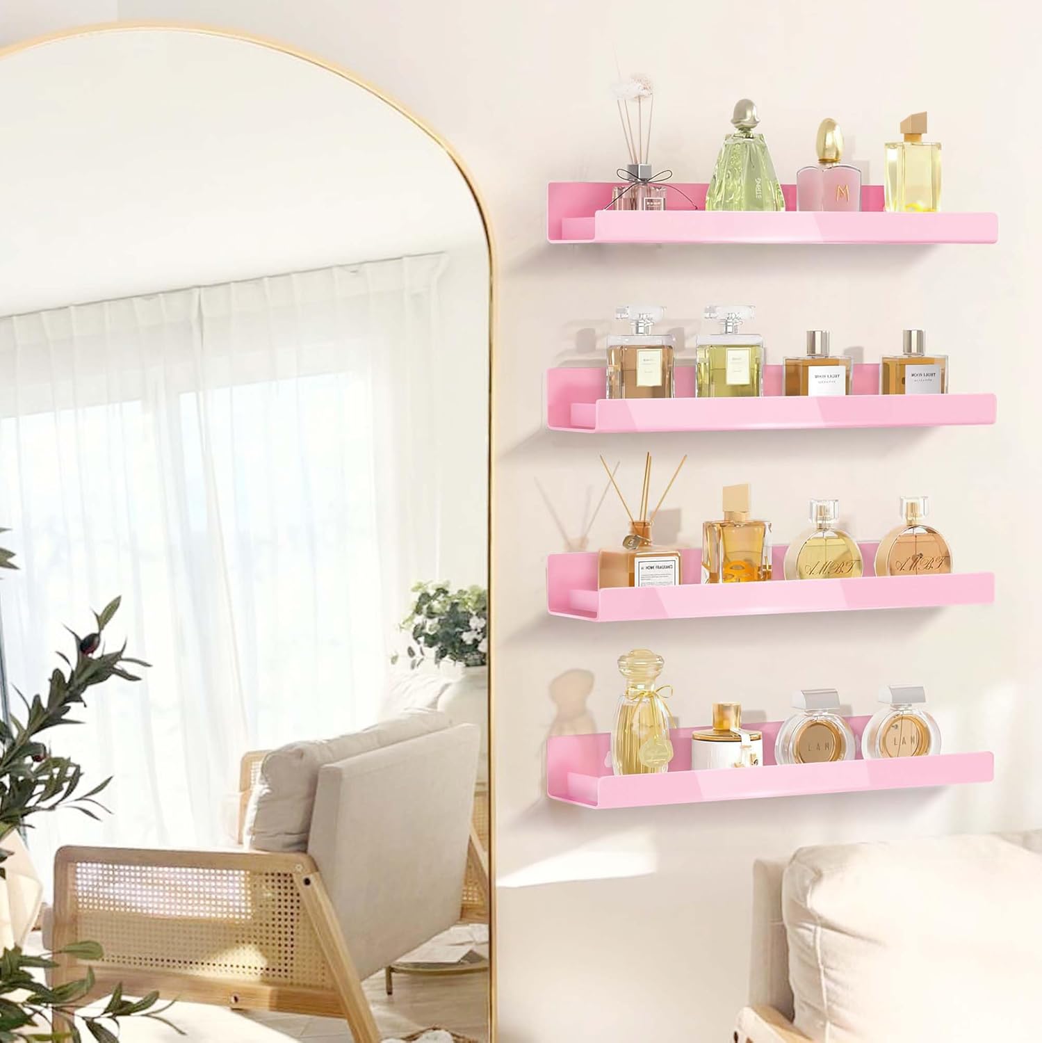 4 Pack Pink Acrylic Floating Shelves for Kids Room and Home Decor
