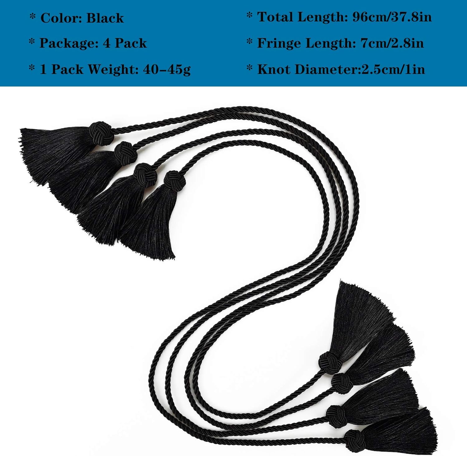 Elegant Black Rope Curtain Tiebacks with Tassels 4 Pack