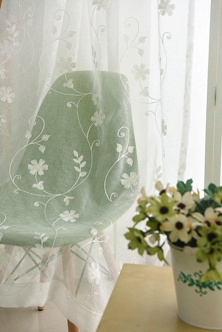 Iuokuby Gorgeous Design Semi Sheer Curtains with Small White Flowers Rod Pocket Top 2 Panels
