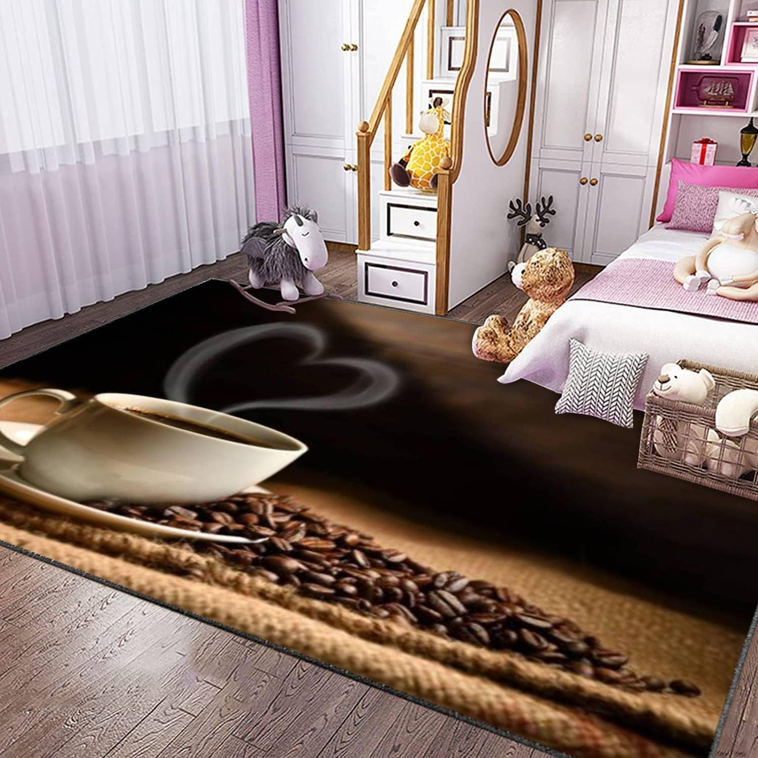 Modern 3D Heart Shape Coffee Rug with Coffee Beans on Burlap Area Rug for Living Room and Bedroom