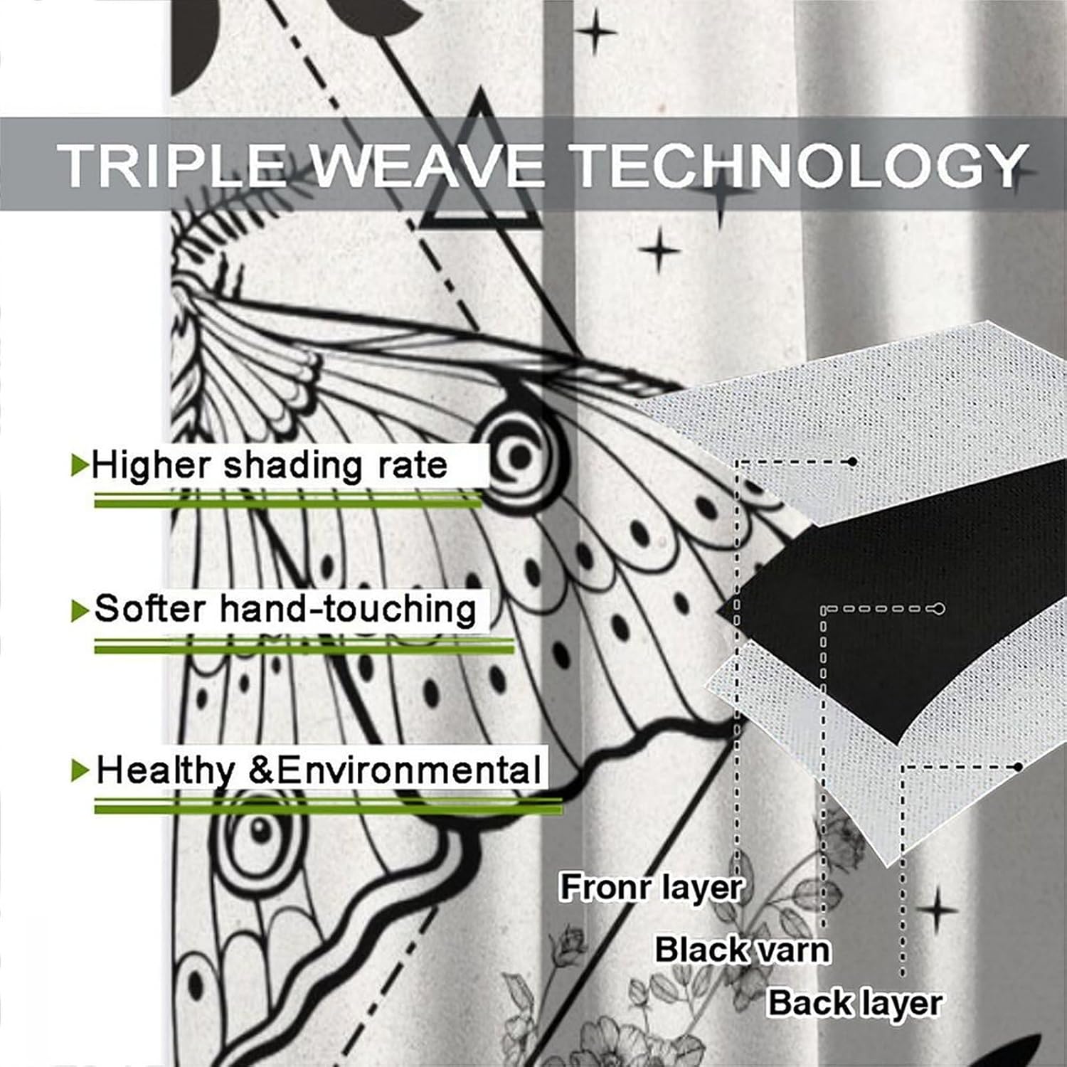 Vintage Boho Moth Curtains with Floral Design 21x45in x2 Panels