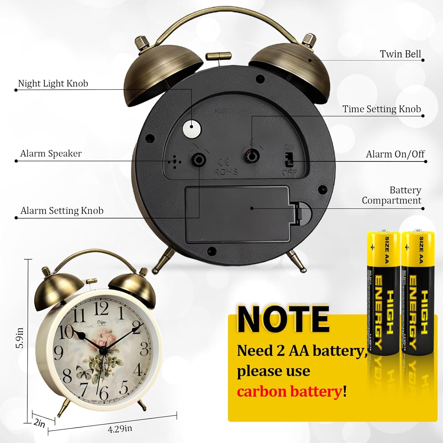 Maxspace Retro Analog Alarm Clock with Night Light