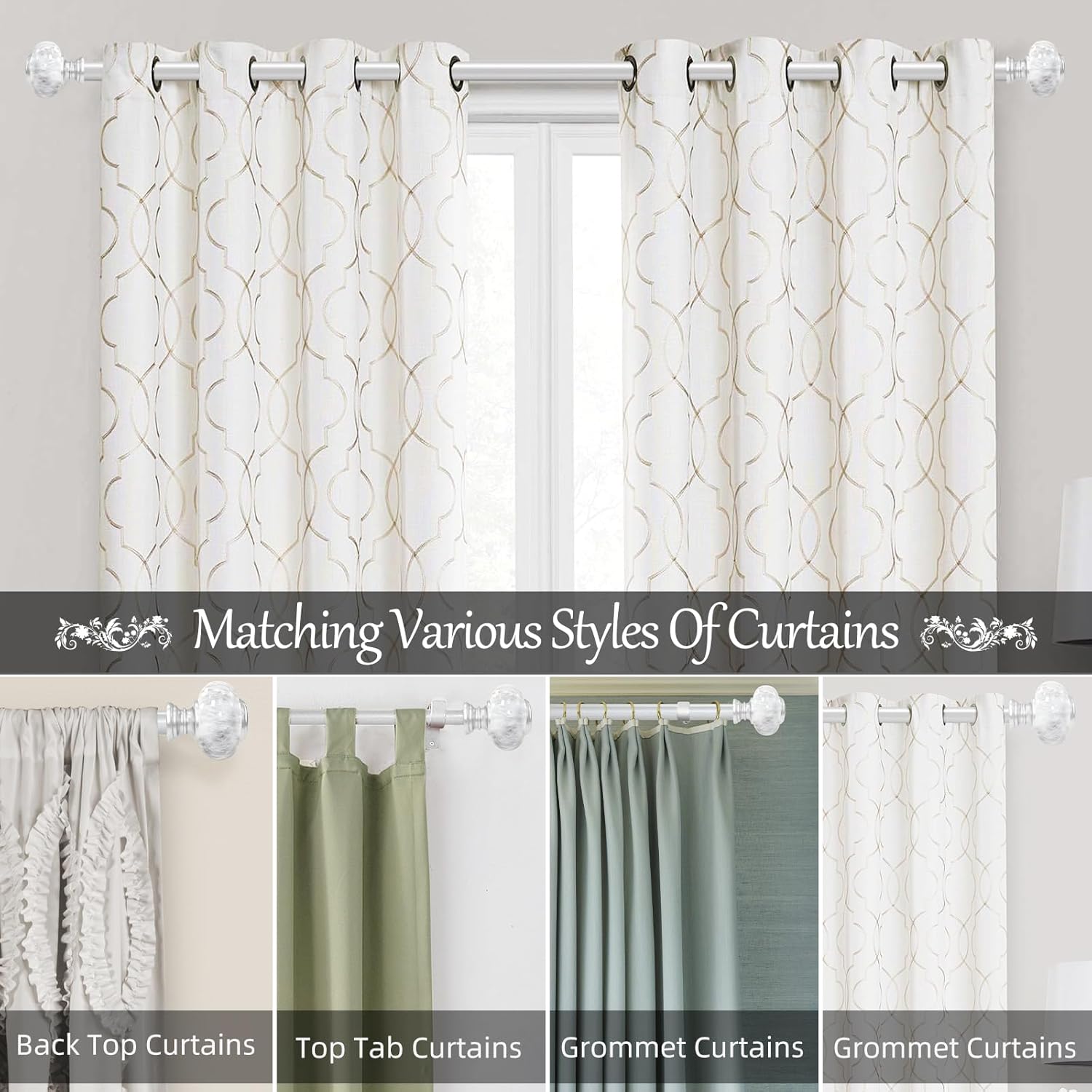 Silver Curtain Rod 48-84 Inches Heavy Duty Adjustable with Marble Finials