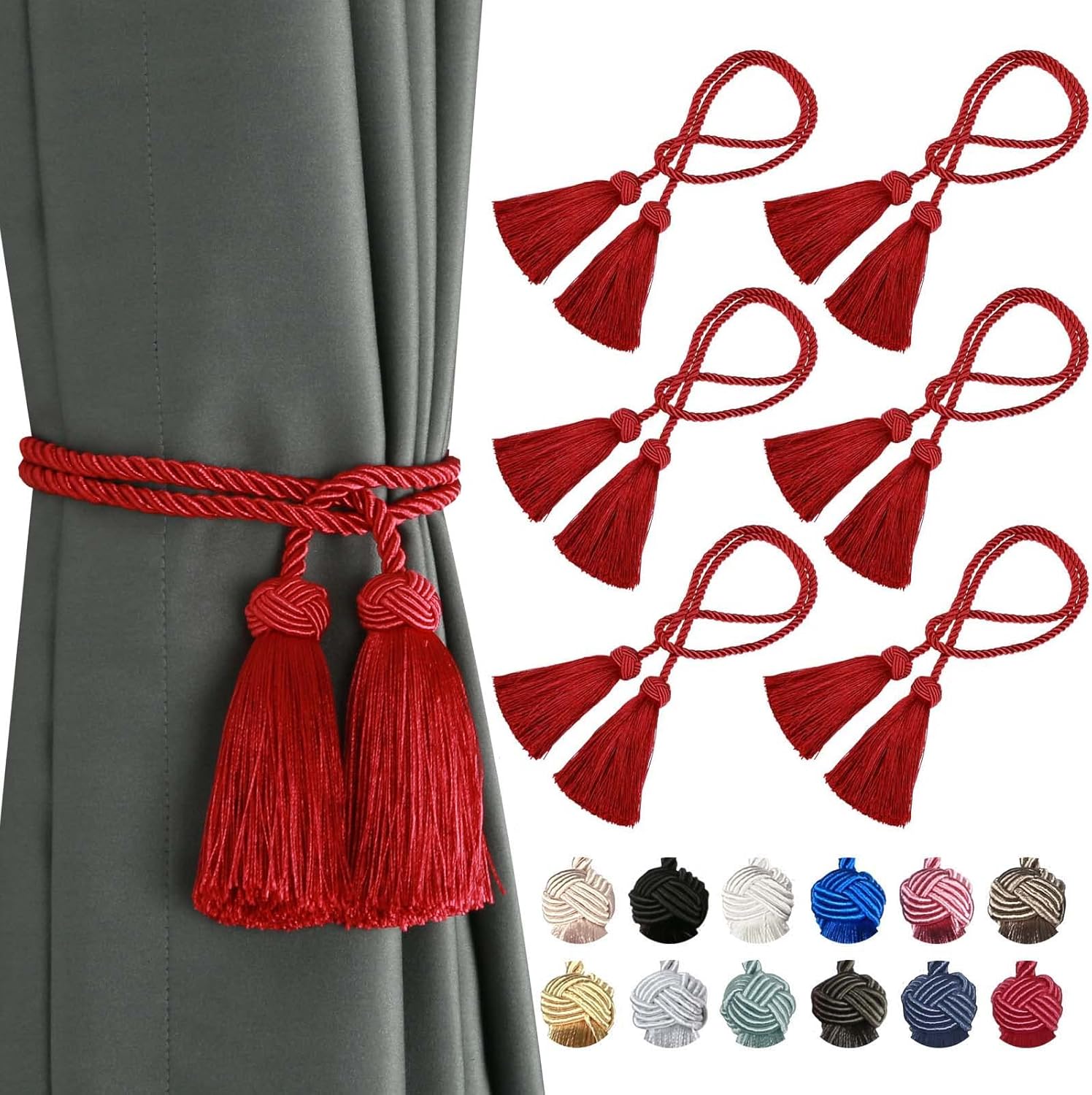BEL AVENIR 6 Pack Decorative Curtain Tiebacks with Tassel Red