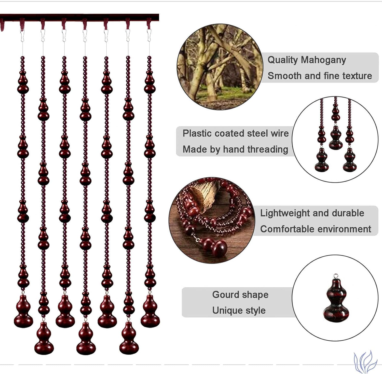 Wood Beaded Door Curtain with Gourd Shape Retro Style 44 Strands 145x155cm