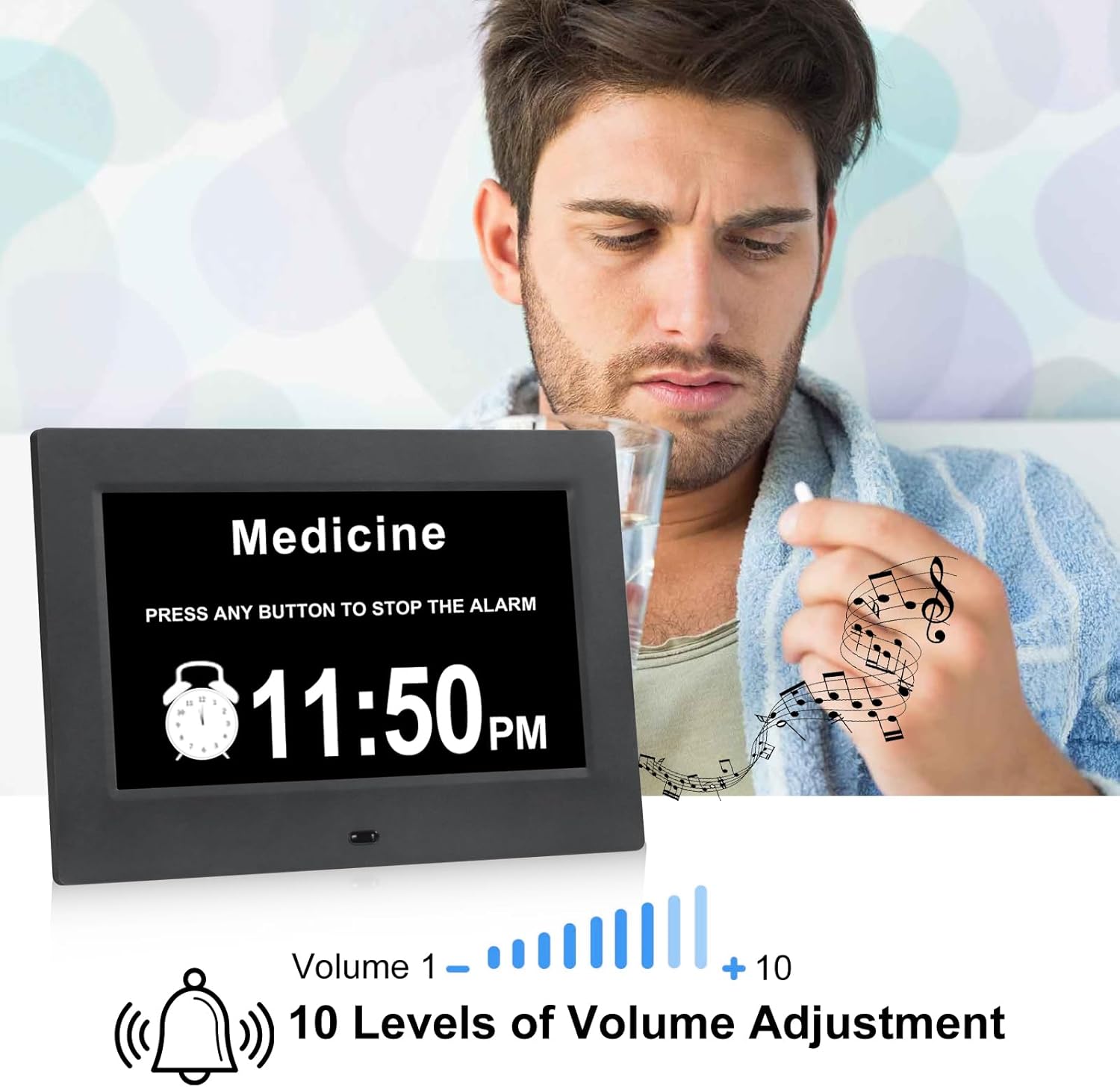 Large Black Dementia Clock with Day Date and 12 Alarms