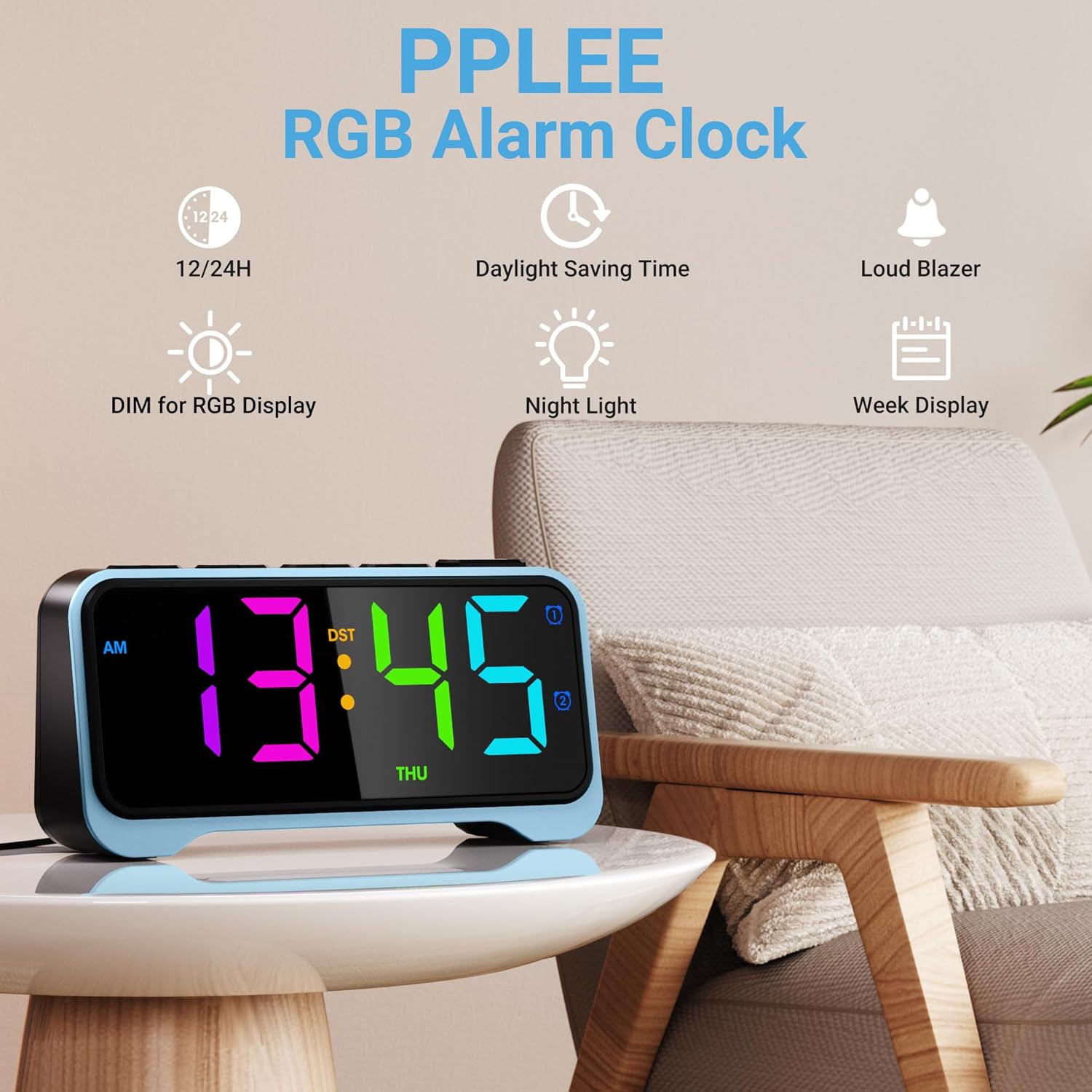 RGB Alarm Clock for Kids Teens Dual Alarm with Night Light and USB Charger