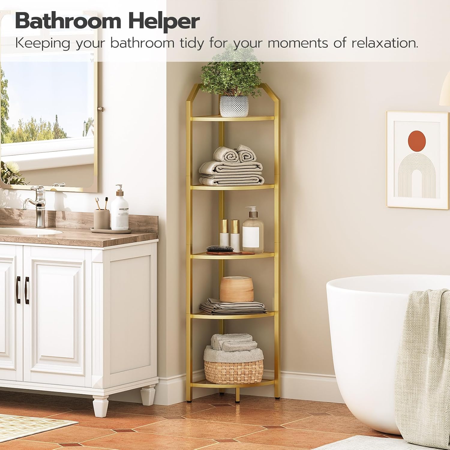 HOOBRO 5-Tier Corner Shelf Stand Gold Tempered Glass Modern Style GD15CJ01