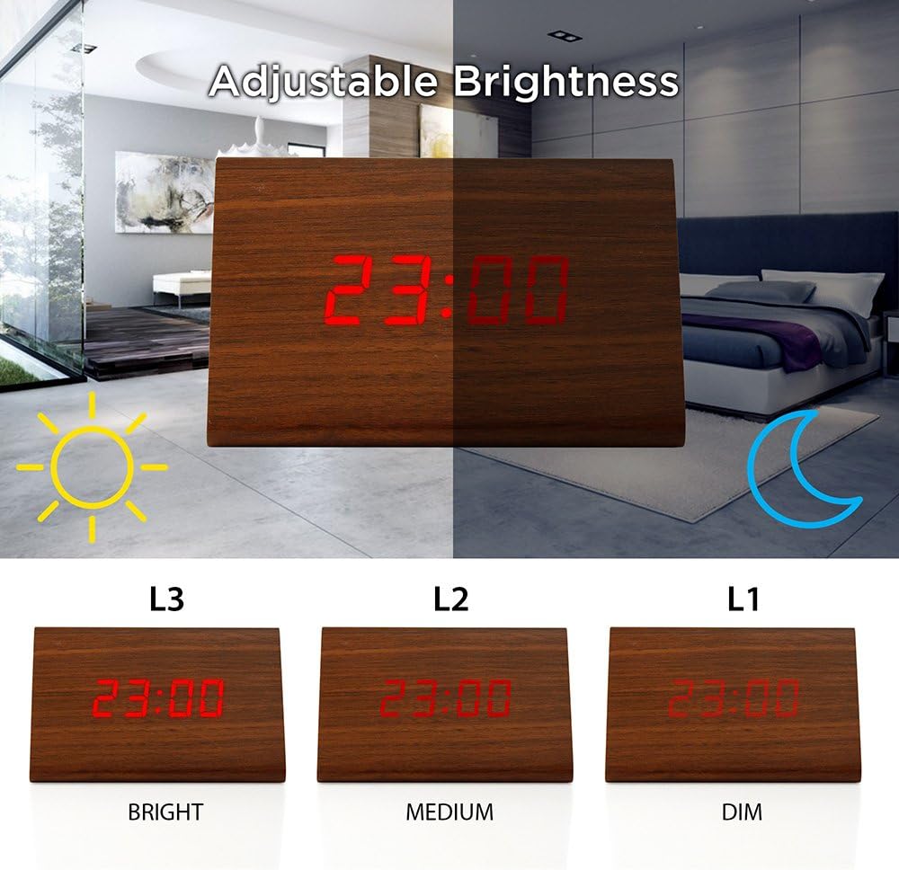 OCT17 Brown LED Alarm Digital Desk Clock with Brightness Control