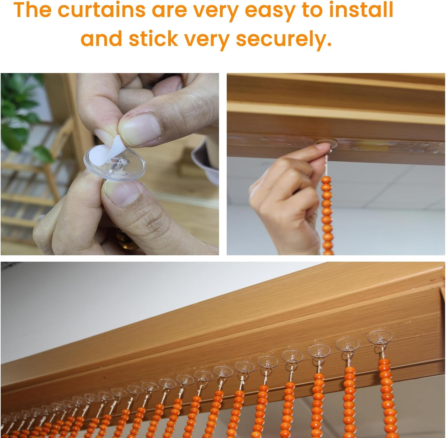 Wood Beaded Door Curtain with Self-Adhesive Strips