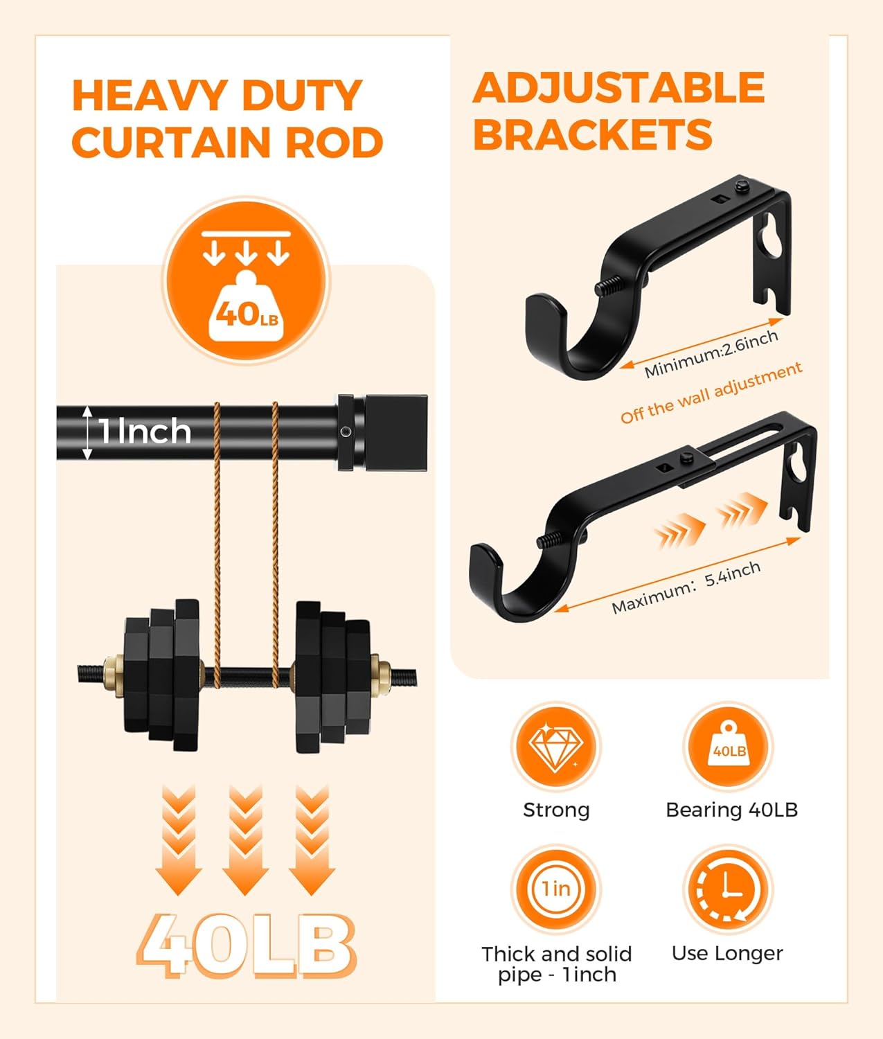 Adjustable Black Metal Curtain Rod 32-72 Inches