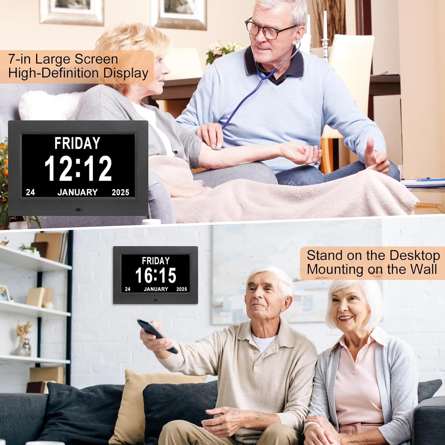 Large Black Dementia Clock with Day Date and 12 Alarms