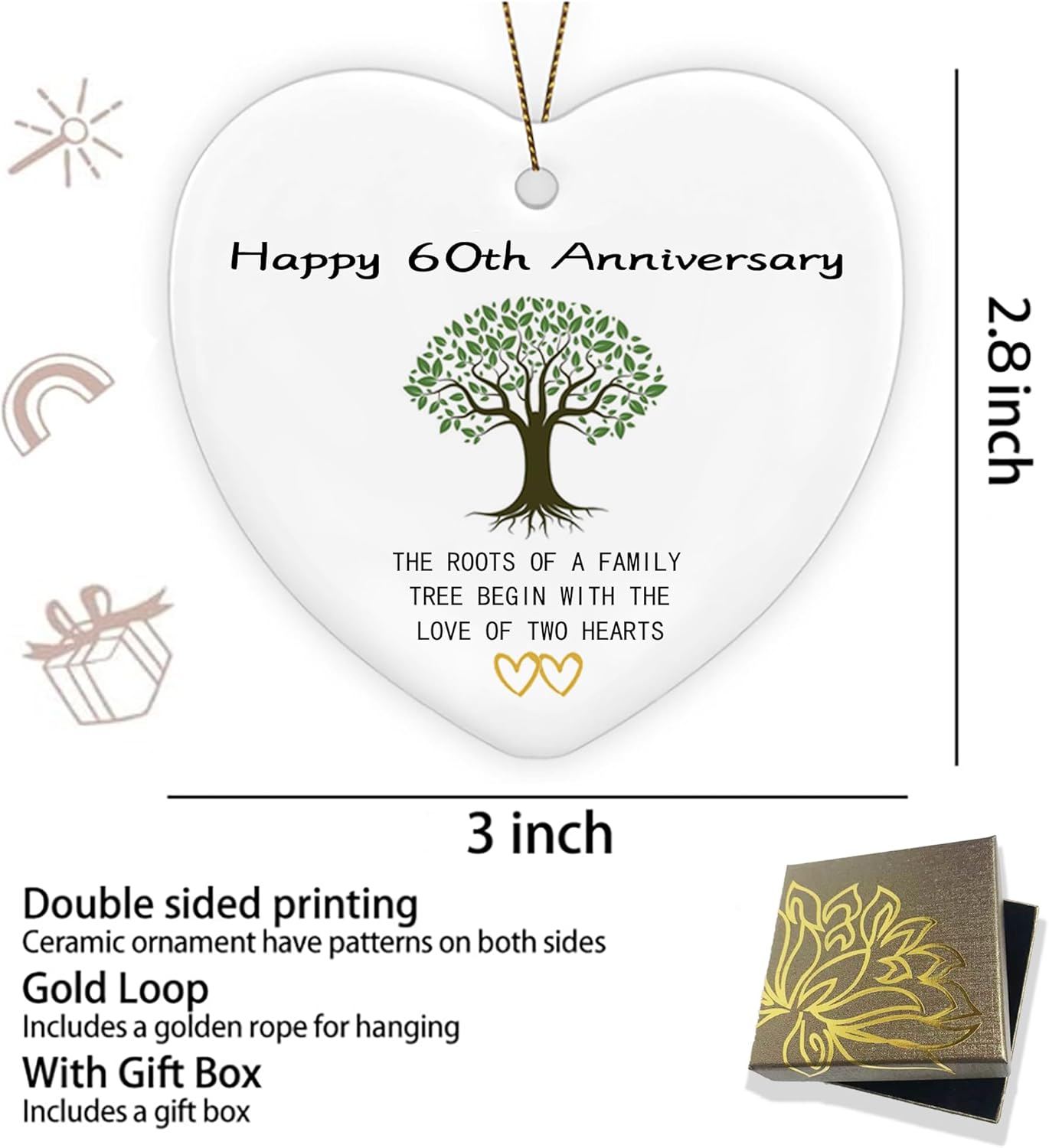 60th Anniversary Heart Ornament Ceramic Keepsake Gift