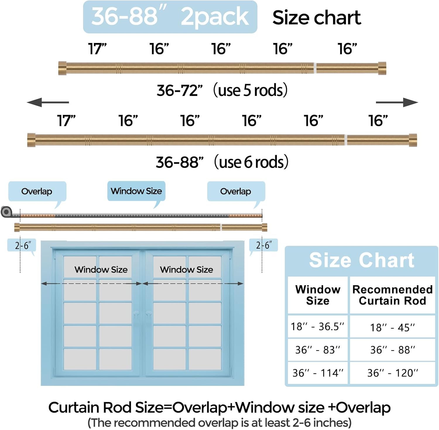 2 Pack Warm Gold Curtain Rods for Windows 36-88 Inches